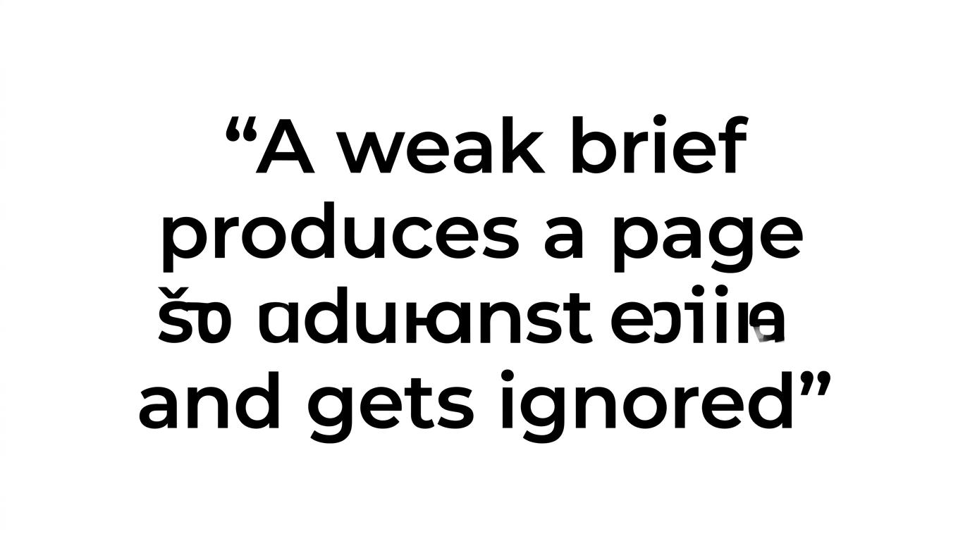 Highlighted quote that reads, 'A weak brief produces a page that sounds fine and gets ignored.'