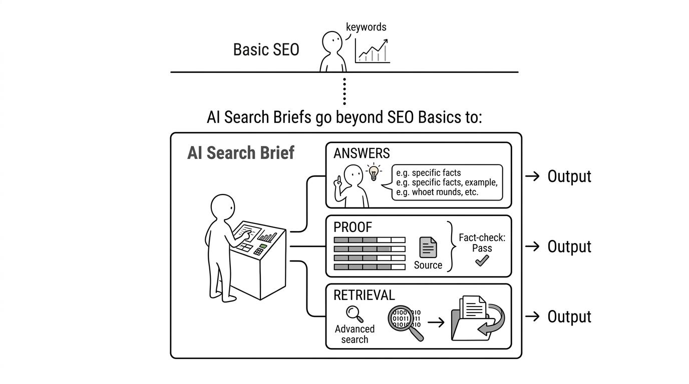 Side-by-side comparison of a standard SEO brief and an AI-search-ready B2B content brief, highlighting differences in query framing, answer placement, proof, structure, and freshness.