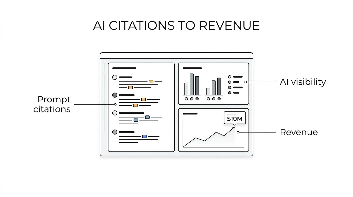 Diagram of an AI visibility reporting system linking prompts, AI platforms, organic search metrics, and CRM revenue outcomes.