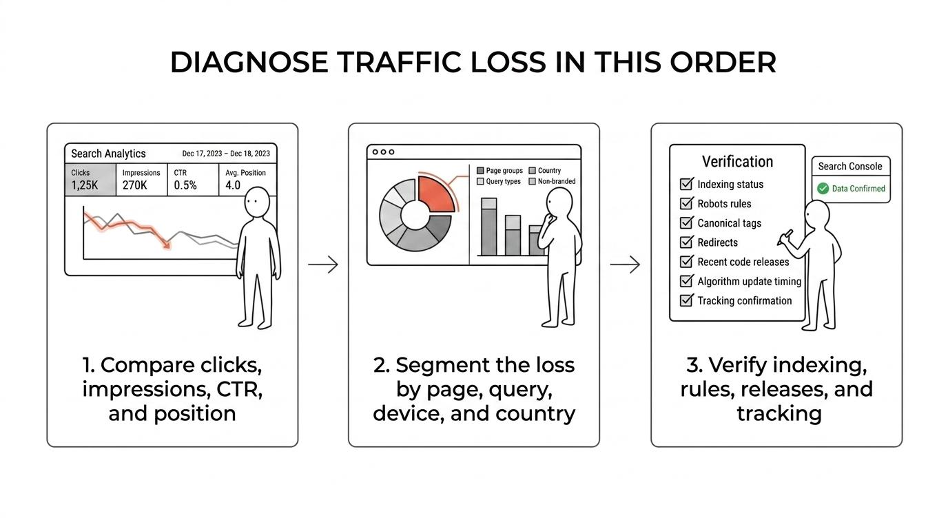 Three-step flow for diagnosing an organic traffic drop using Search Console and GA4: compare trends, segment the loss, and verify technical or tracking issues.