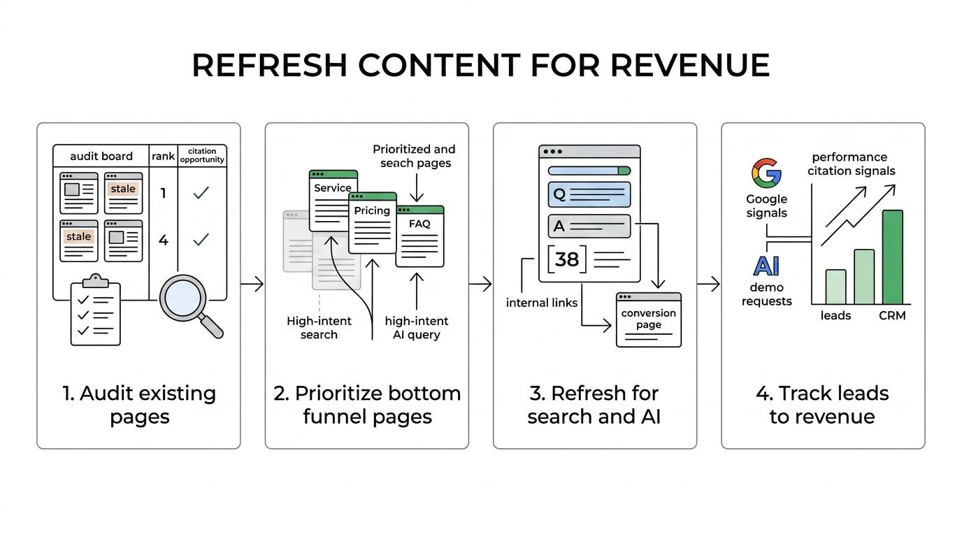 A four-step workflow showing audits and query mapping, page prioritization, content and schema updates, and performance tracking tied to revenue.
