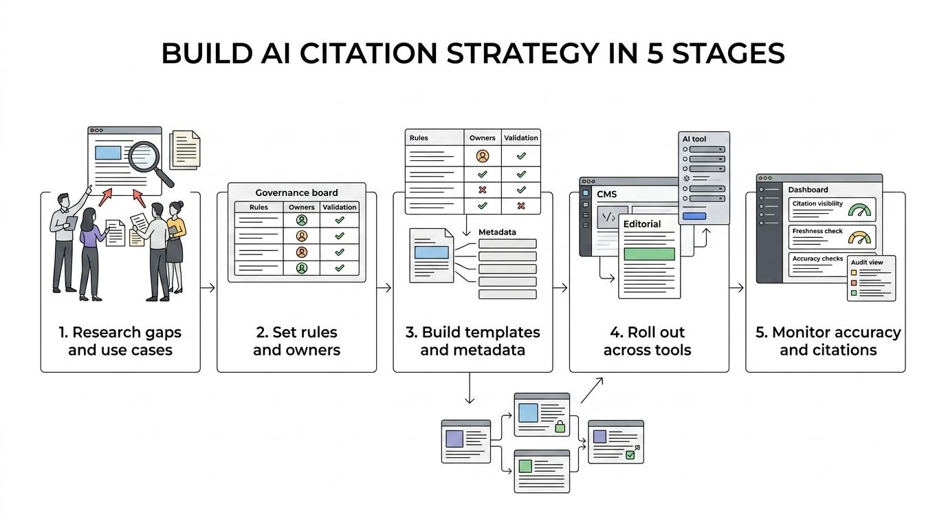 Three-step 90-day roadmap showing month 1 source hierarchy and metadata decisions, month 2 template and schema updates, and month 3 citation tracking and quality measurement.