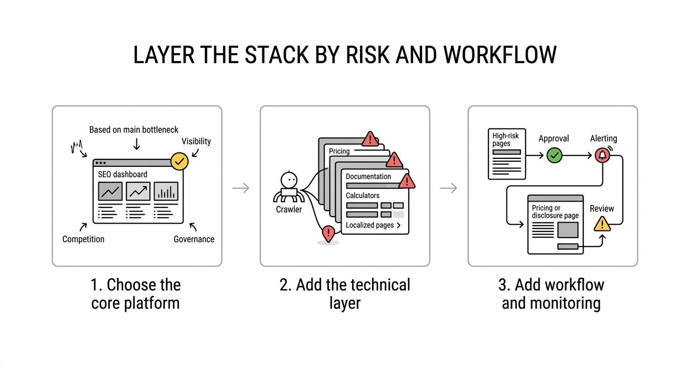 Three-step flow showing a fintech SEO stack: choose a core platform, add a technical crawler, then add workflow, reporting, or monitoring tools.