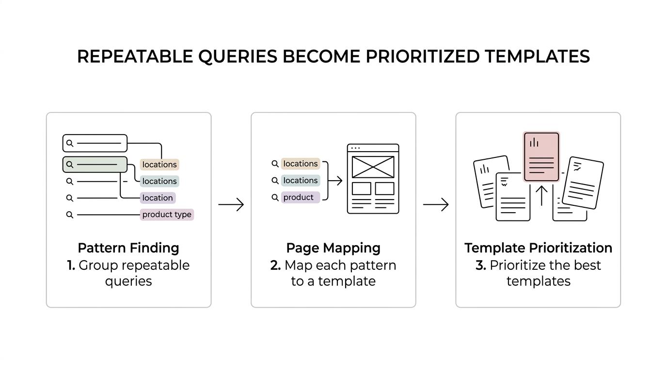 Three-step process showing pattern finding, page mapping, and prioritization for a programmatic SEO keyword-to-page matrix.