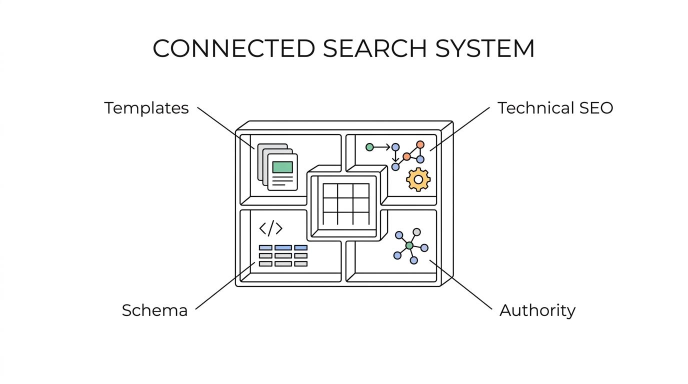 Labeled diagram of a programmatic SEO system showing query patterns, templates, schema, internal linking, authority signals, and conversion paths working together.
