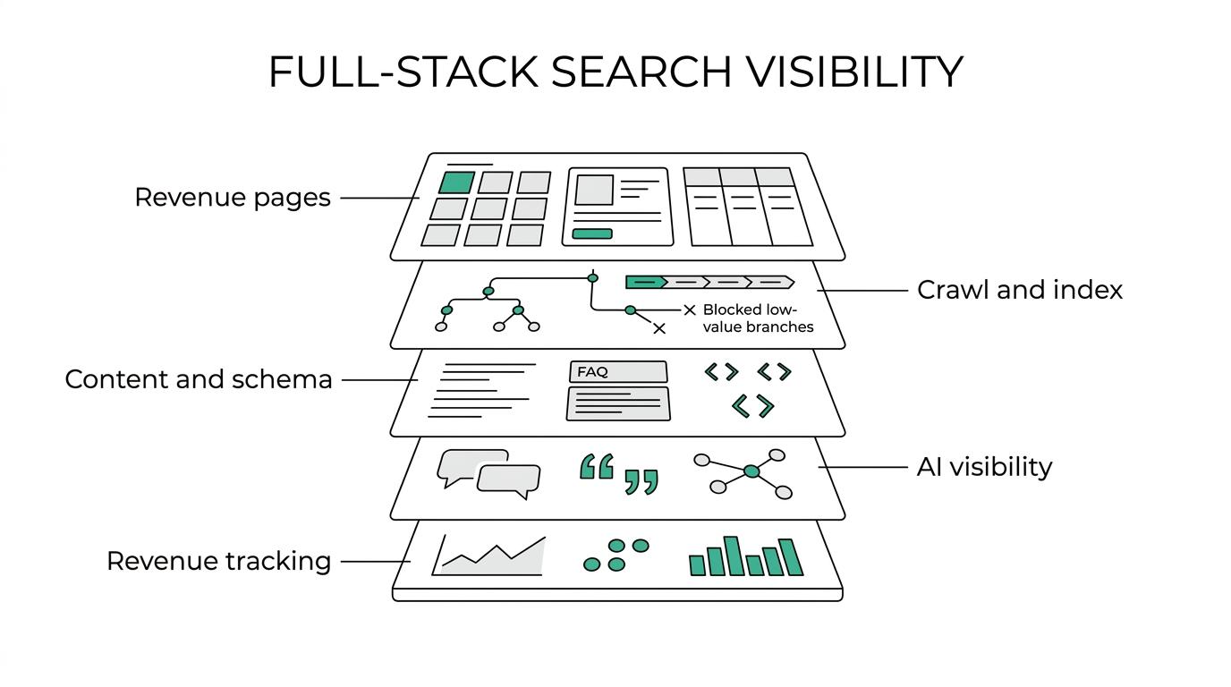 Diagram showing revenue-driving ecommerce pages connected to crawl efficiency, content, schema, AI visibility, authority, and revenue reporting.