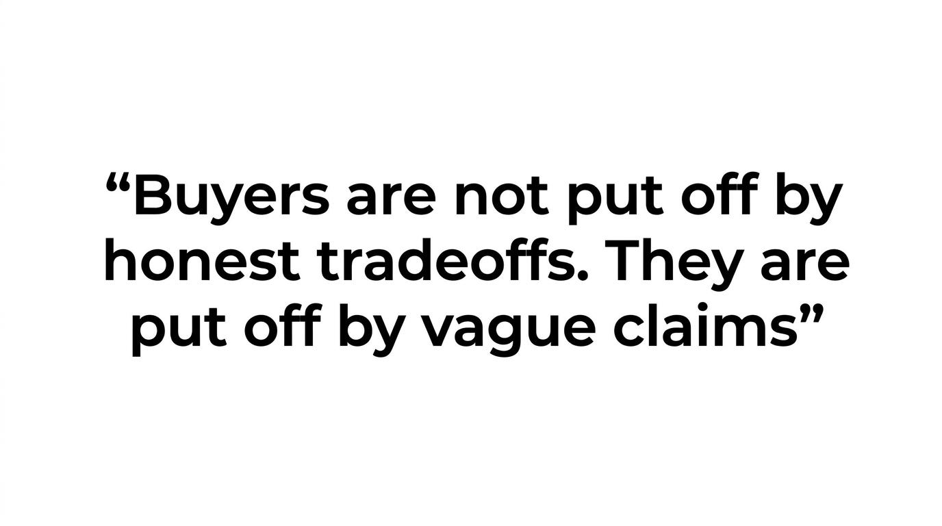 Highlighted quote reading: 'Buyers are not put off by honest tradeoffs. They are put off by vague claims.'