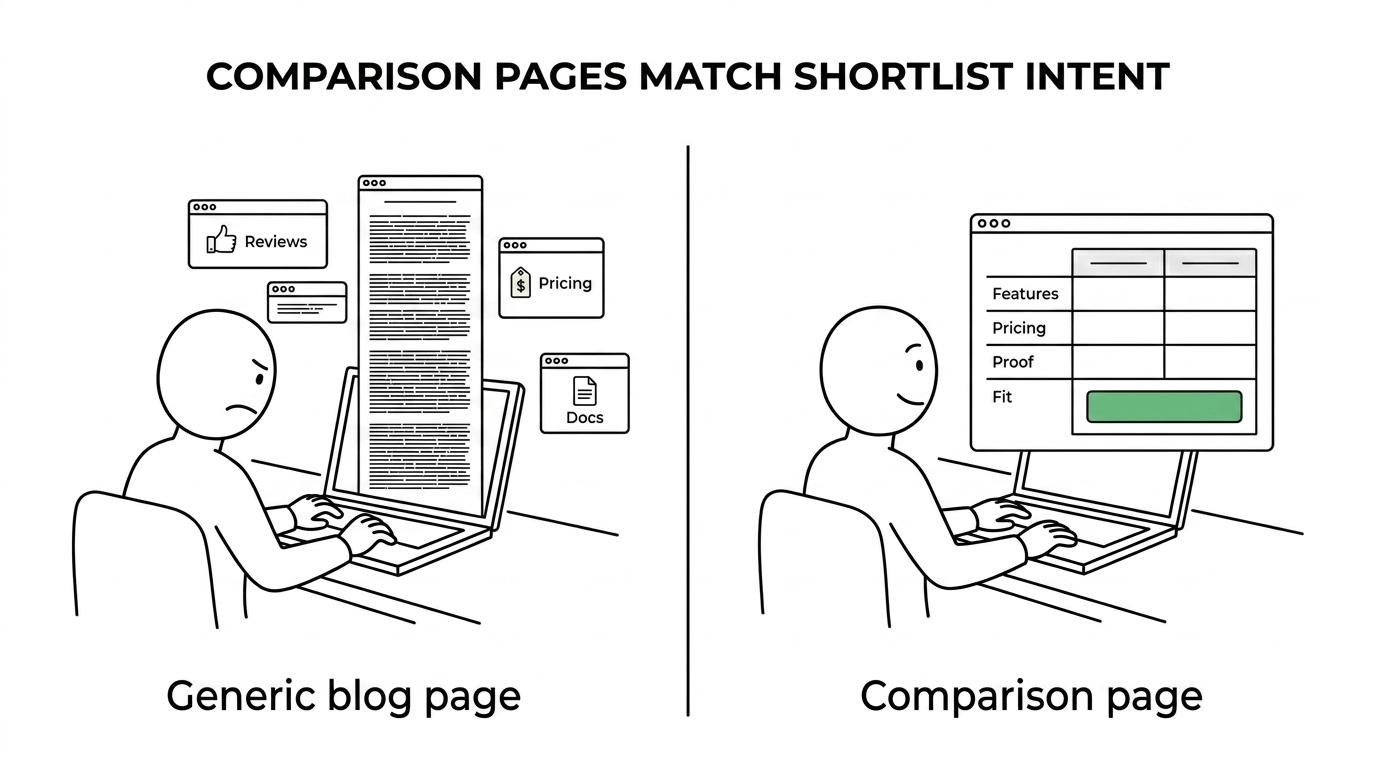 Side-by-side comparison of broad blog traffic versus SaaS comparison-page traffic, showing casual readers on one side and active buyers comparing vendors, proof, and next steps on the other.