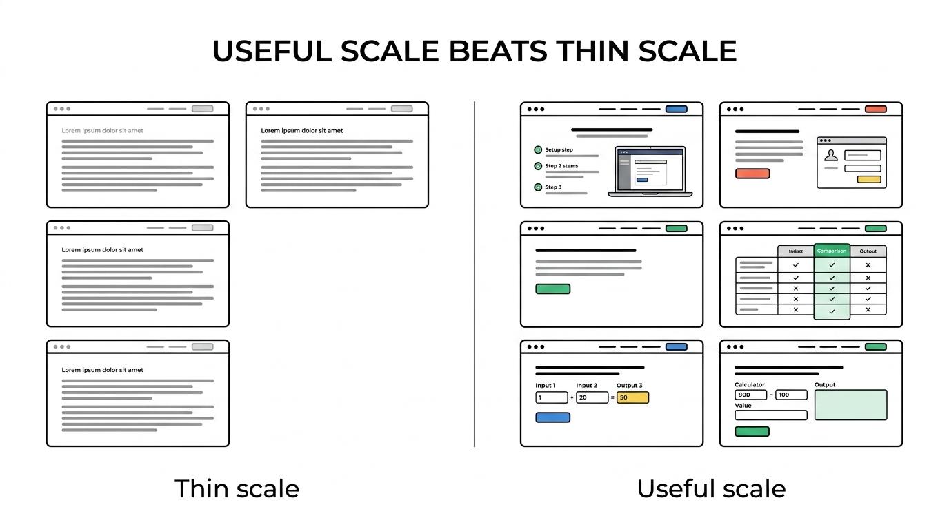 Side-by-side comparison of weak and strong SaaS programmatic SEO pages across integrations, alternatives, industry pages, templates, and calculators.
