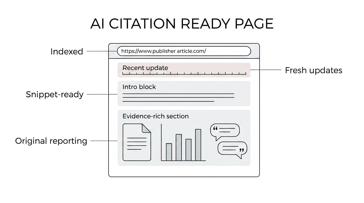 Diagram of publisher AI citation readiness showing indexed, snippet-eligible pages connected to ranking strength, originality, freshness, authority, query match, and stable URLs.
