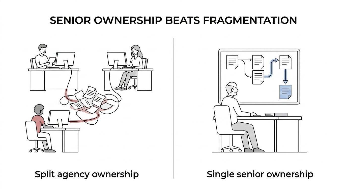Side-by-side comparison of Austin Heaton’s senior-led AEO model versus a typical agency-led engagement.
