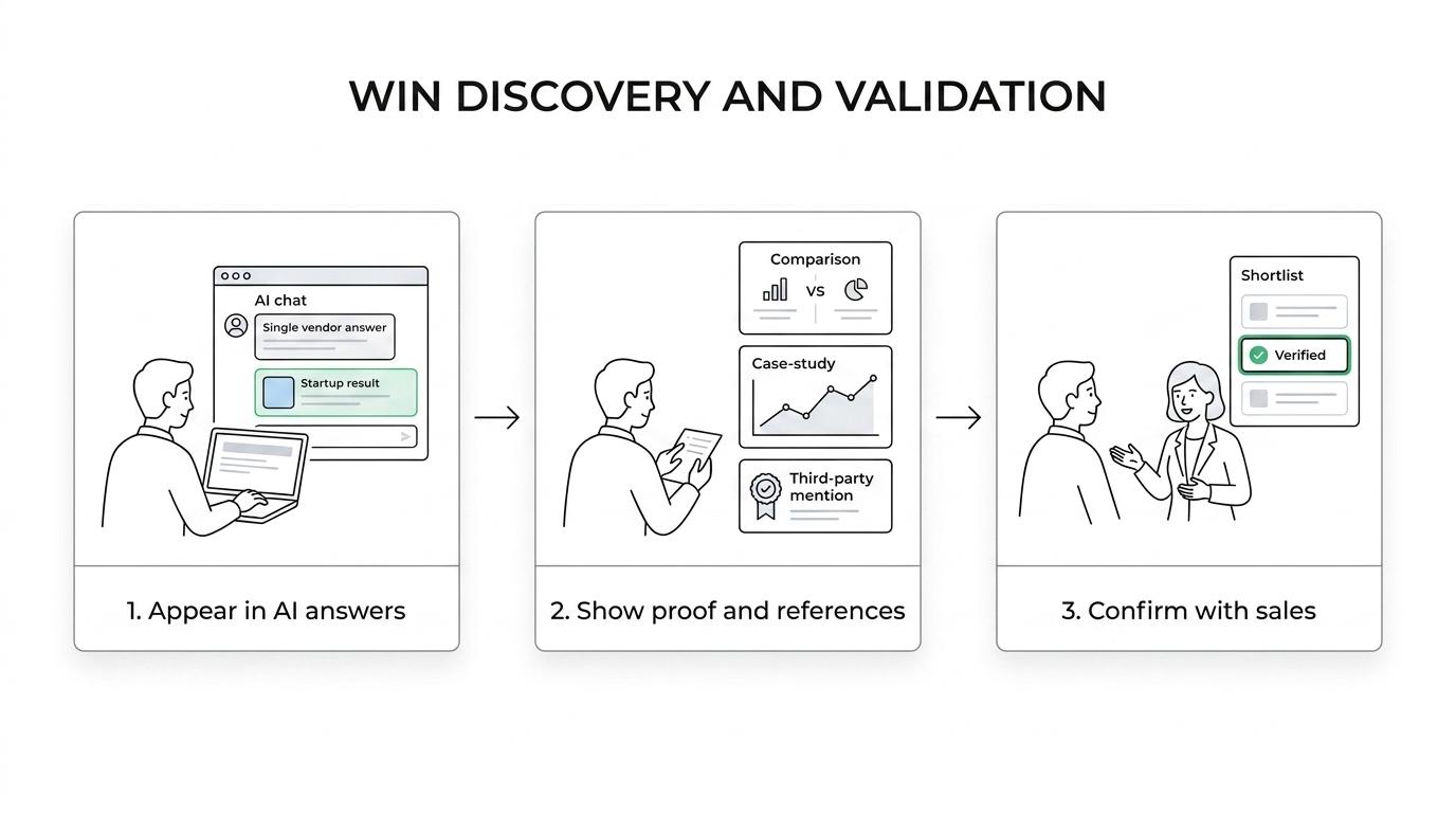 Flow showing an AI startup buyer journey from chatbot research to vendor validation, shortlist, and sales conversation.