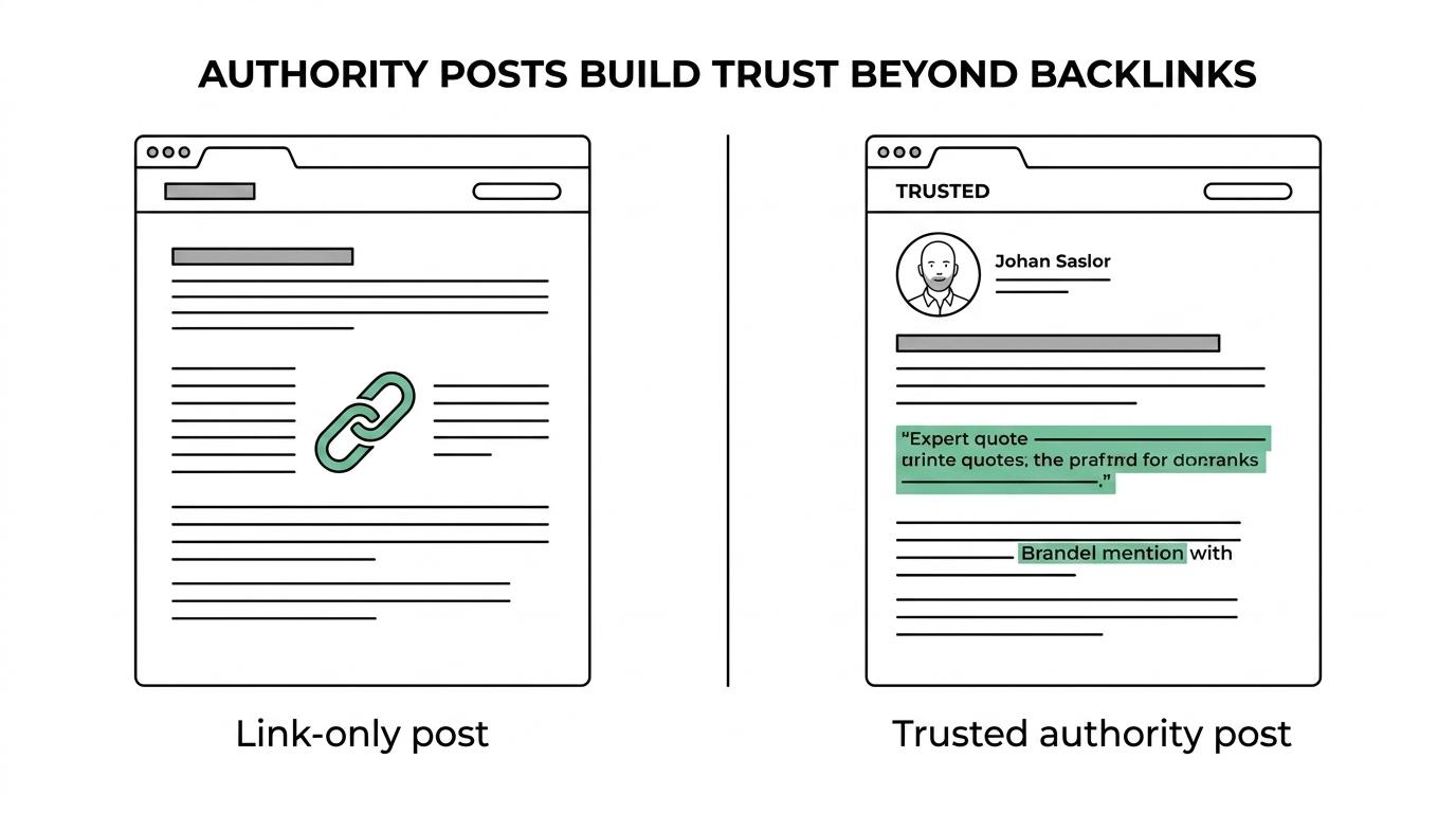 Side-by-side comparison of authority posts and traditional link building across goals, signals, and outcomes.