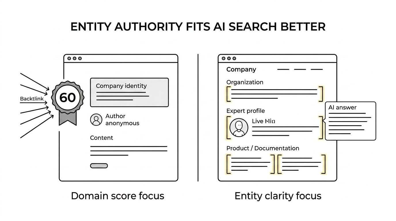 Side-by-side comparison of domain authority and entity authority across inputs, use cases, weaknesses, and relevance to AI search.