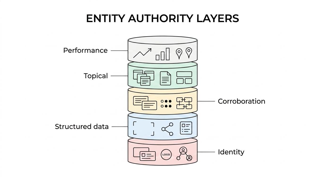 Labeled diagram showing entity authority as connected layers: identity, structured data, corroboration, topical authority, and performance.