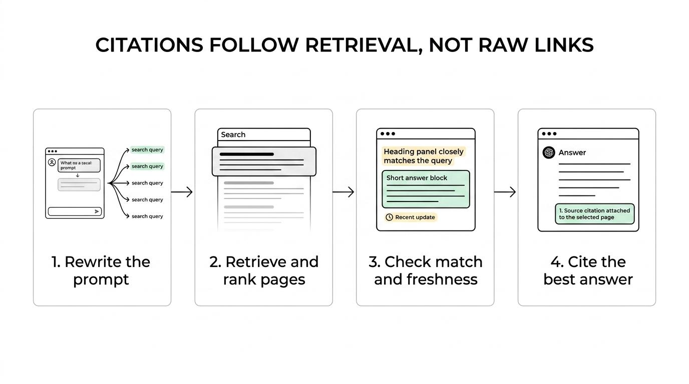 Flow showing a user prompt becoming rewritten search queries, then retrieval ranking, relevance checks, and a final ChatGPT inline citation.