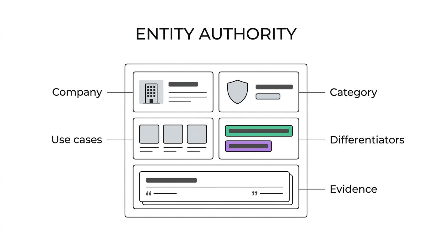 Labeled breakdown of a cybersecurity brand’s entity authority system, showing company, category, use cases, differentiators, supporting evidence, and decision-stage content connected to AI recognition and citation.