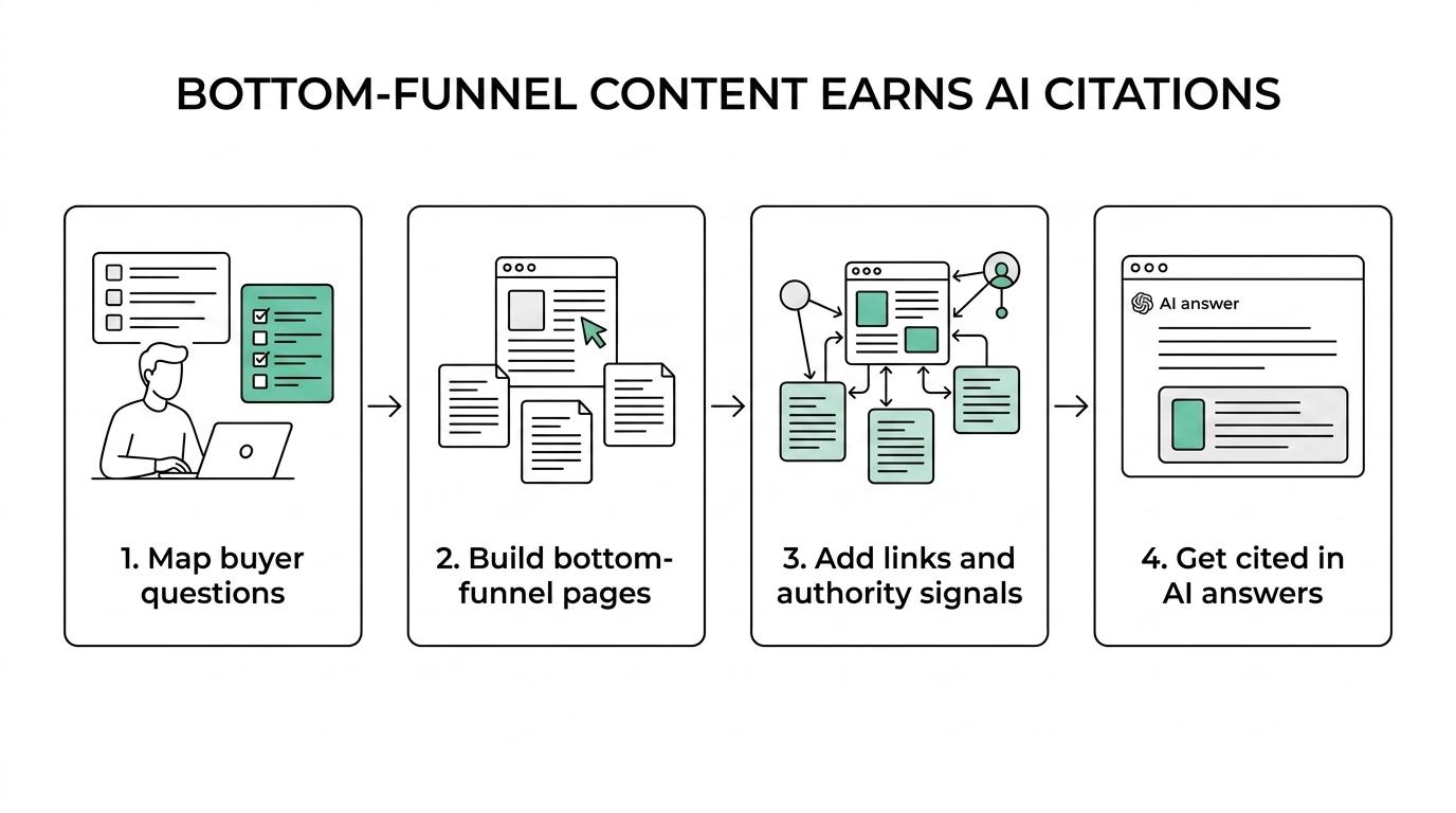 Flow diagram showing blockchain buyer questions turning into content, links, authority signals, and visibility in search and AI answers.