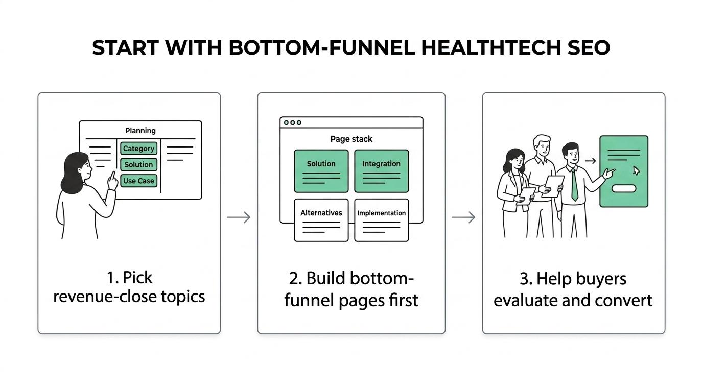 Flowchart showing a healthtech SEO process from revenue-close topics to content hierarchy, bottom-funnel pages, and revenue tracking.