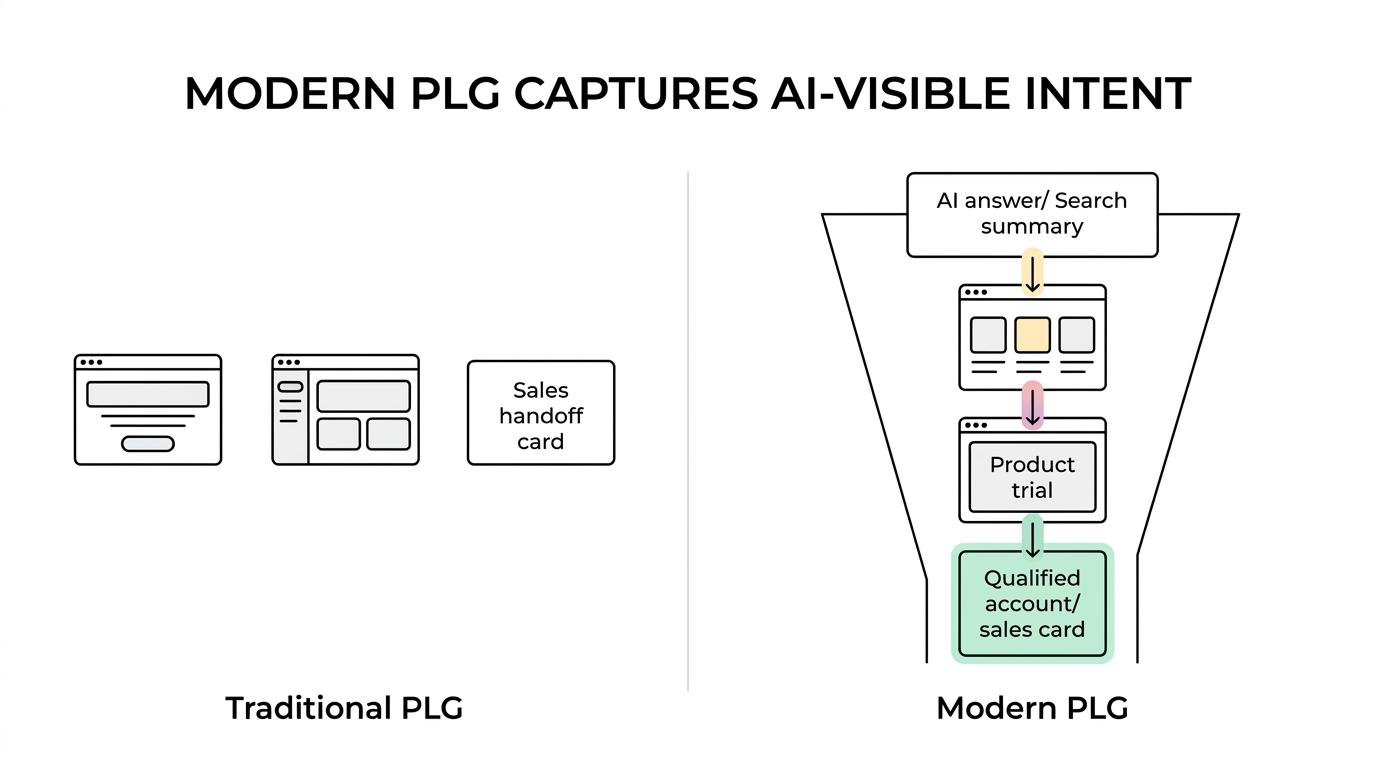 Side-by-side comparison showing traditional PLG versus product-led AEO across SaaS funnel stages.