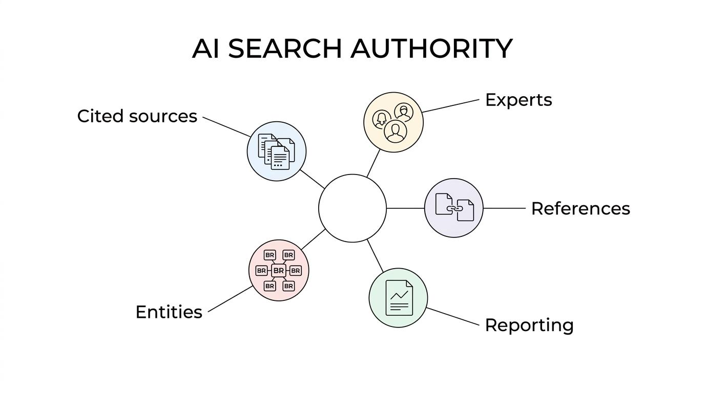 Diagram showing a cybersecurity brand at the center with connected authority signals such as original research, citations, expert authorship, official references, topical depth, and proof assets.