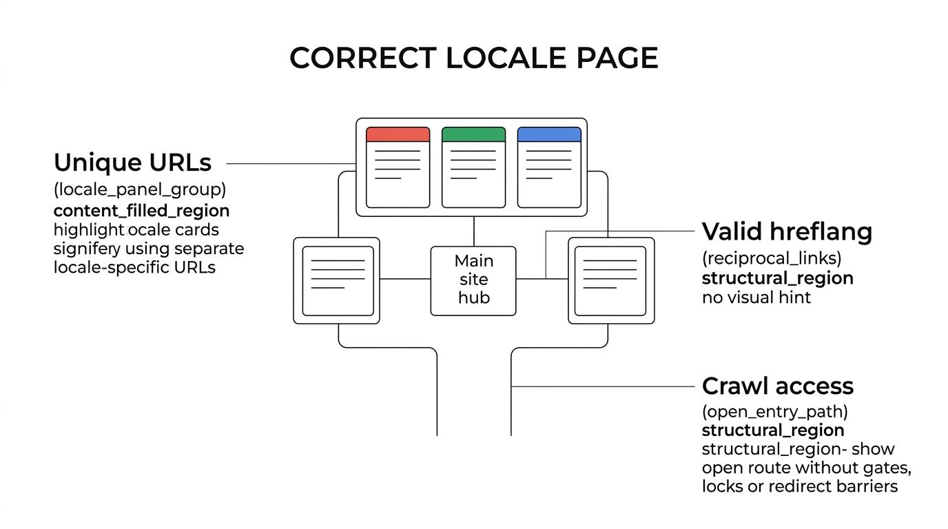 Diagram of a localized B2B page cluster showing unique URLs, hreflang links, canonicals, structured data, x-default, and internal links across markets.