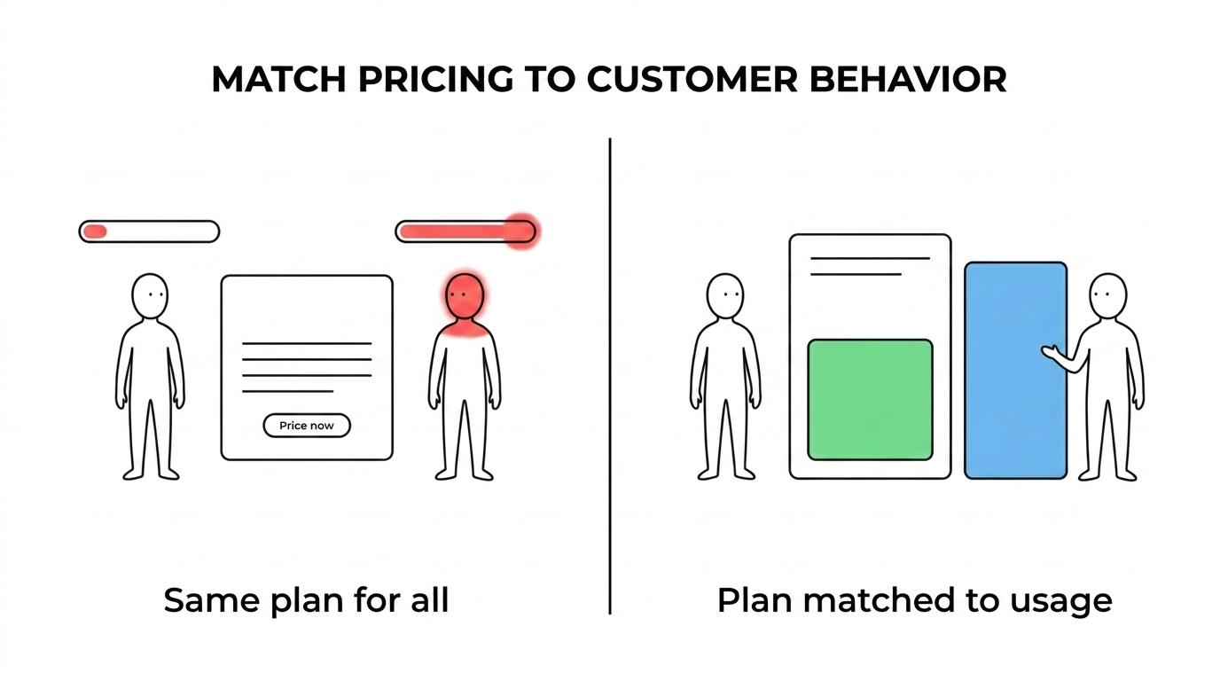 Side-by-side comparison of flat-rate, tiered, usage-based, and hybrid SaaS pricing models with best fit, upside, and risk.