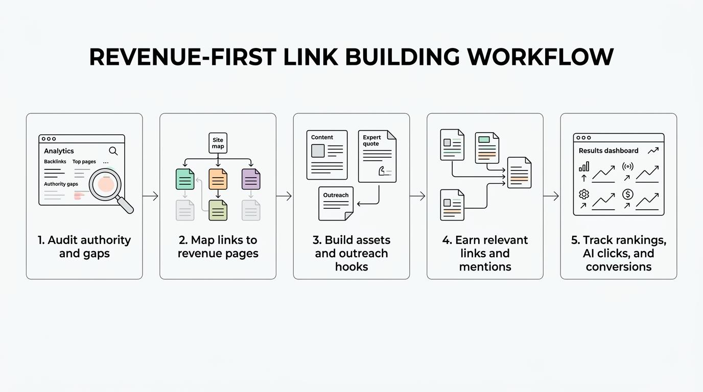 Five-step SaaS link building process from authority audit to tracking rankings, AI clicks, and conversions.