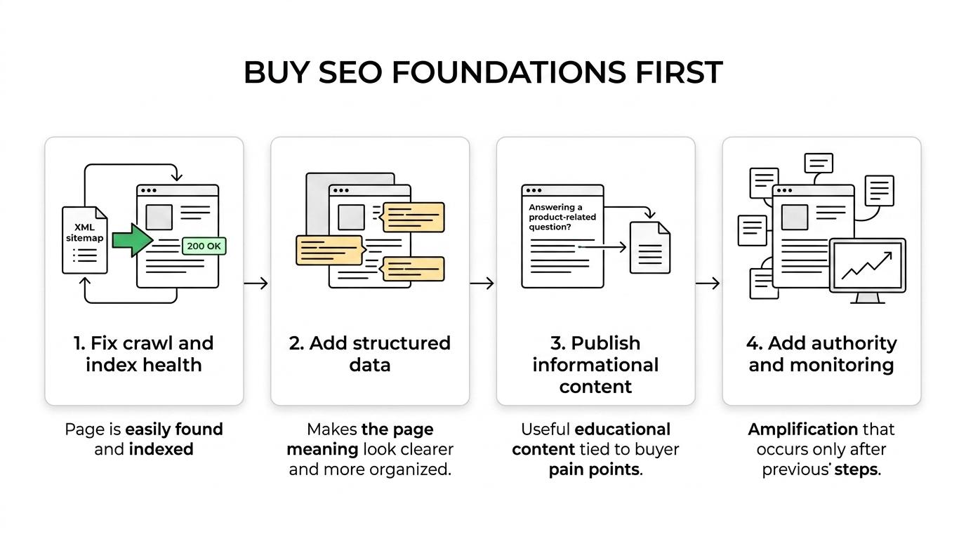 Five-step sequence showing technical SEO, structured data, informational content, authority building, and monitoring in order.