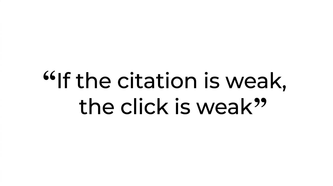 Large highlighted quote reading, “If the citation is weak, the click is weak.”