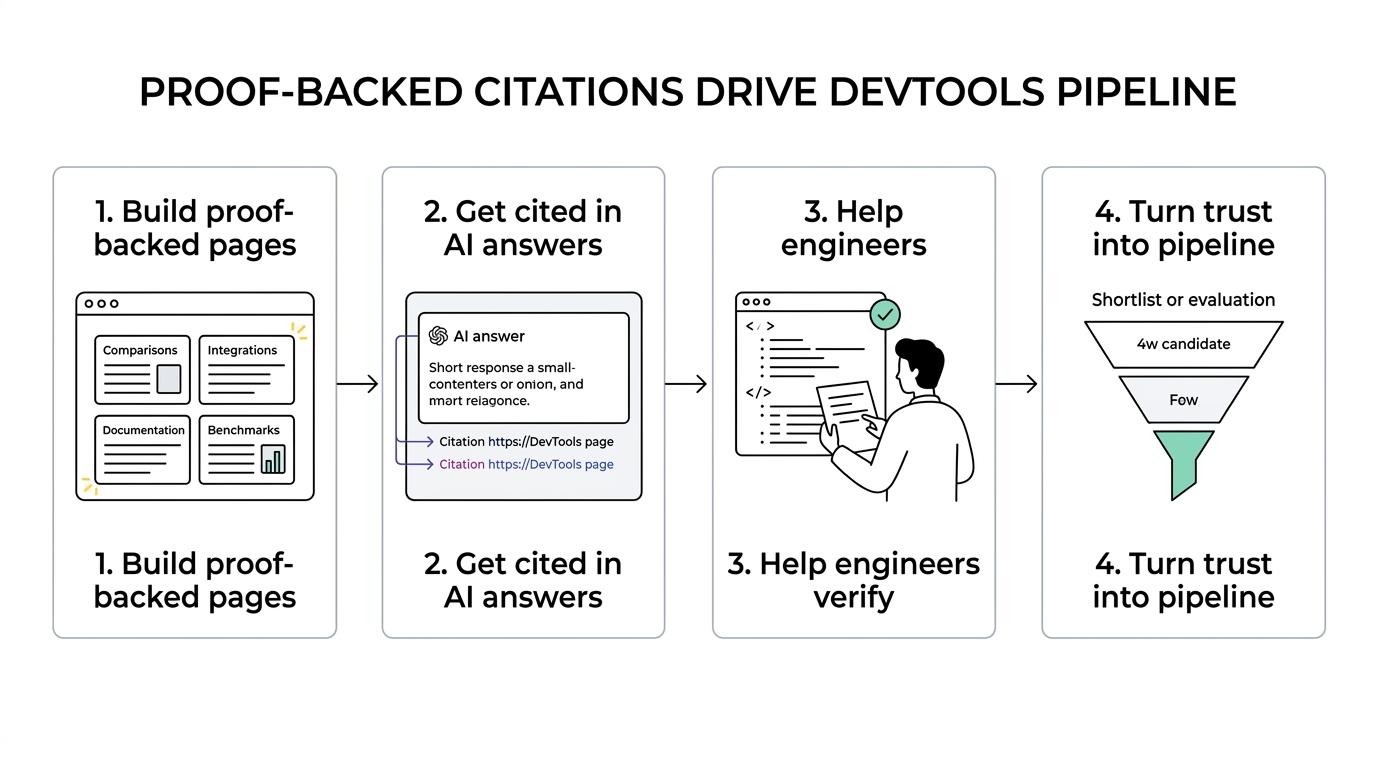 Flow showing a developer asking an AI tool question, seeing cited sources, validating technical details, and moving toward vendor evaluation.