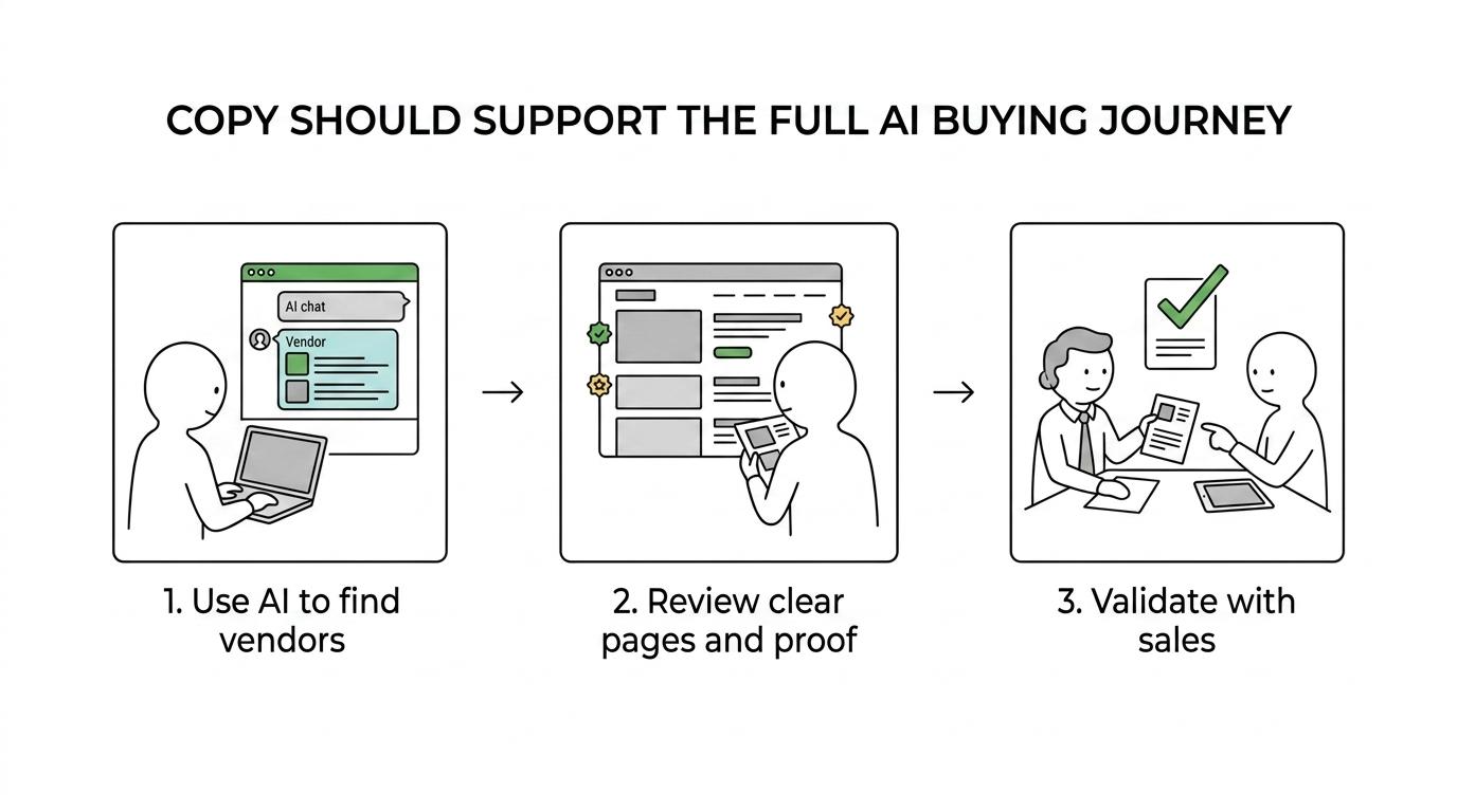 Flow diagram showing AI-assisted B2B buying from AI research to self-service evaluation to sales validation to vendor shortlist.