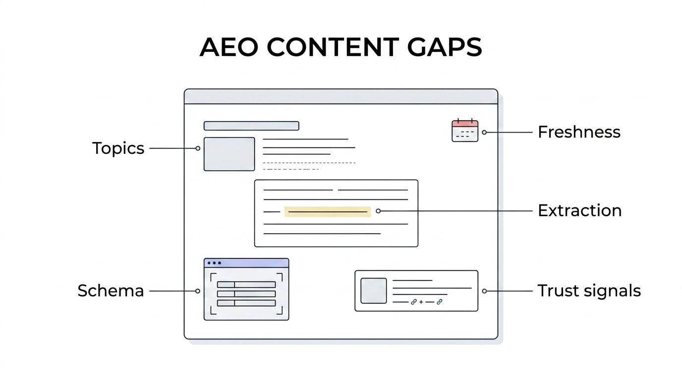 Labeled diagram of an AEO content gap analysis showing topic coverage, freshness, answer structure, structured data, entity signals, citation visibility, internal linking, and bottom-funnel coverage.