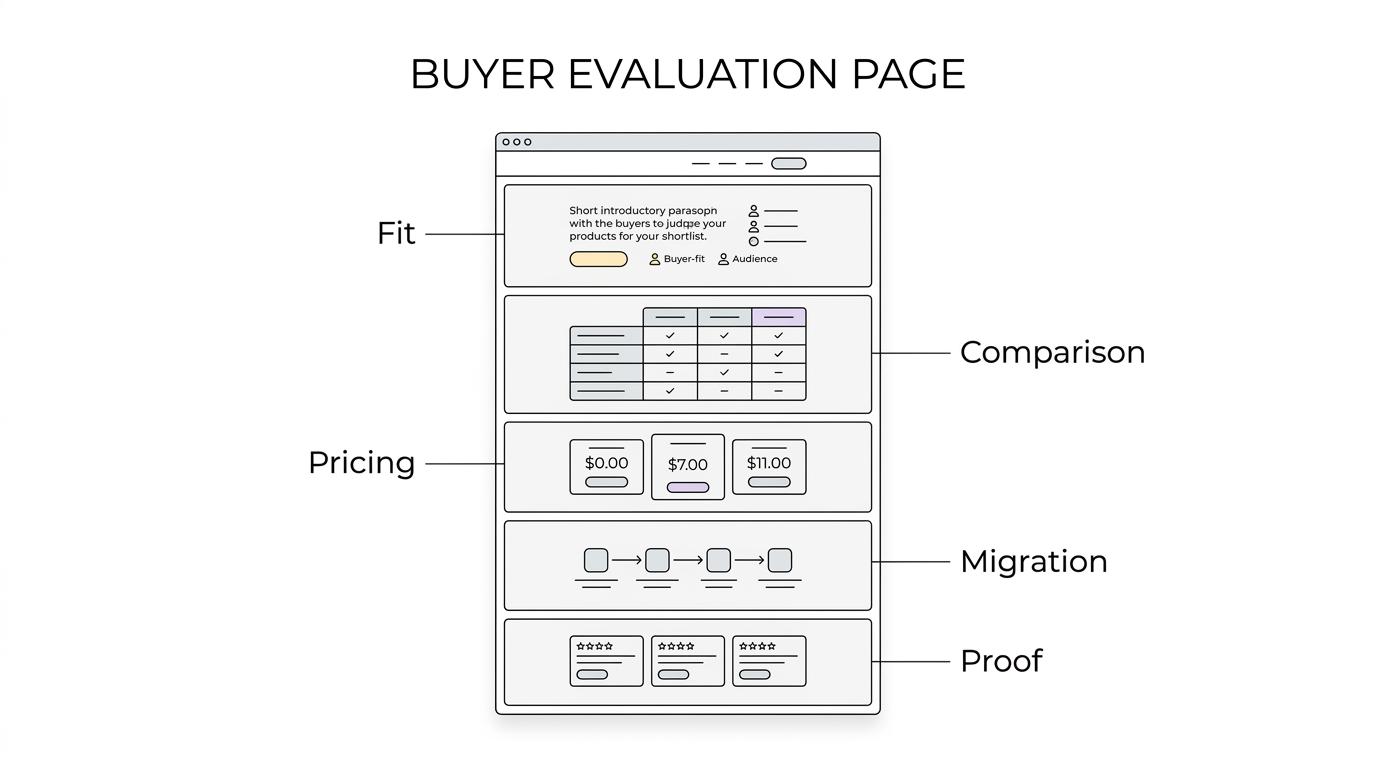 Labeled breakdown of a SaaS alternatives page showing intro, switching triggers, comparison table, use-case fit, pricing, migration, proof, and CTA sections.