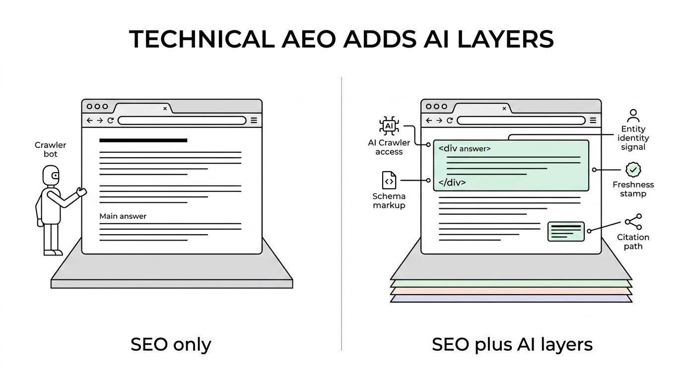 Side-by-side comparison of a traditional technical SEO audit and a technical AEO audit, showing shared technical checks and added AI-specific layers.