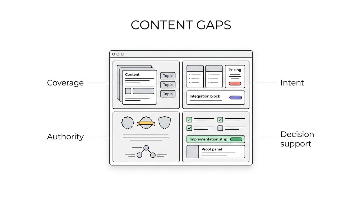 Labeled diagram showing a content gap analysis system with connected parts for competitor topics, keyword intent, decision-stage pages, AI visibility, and authority signals.