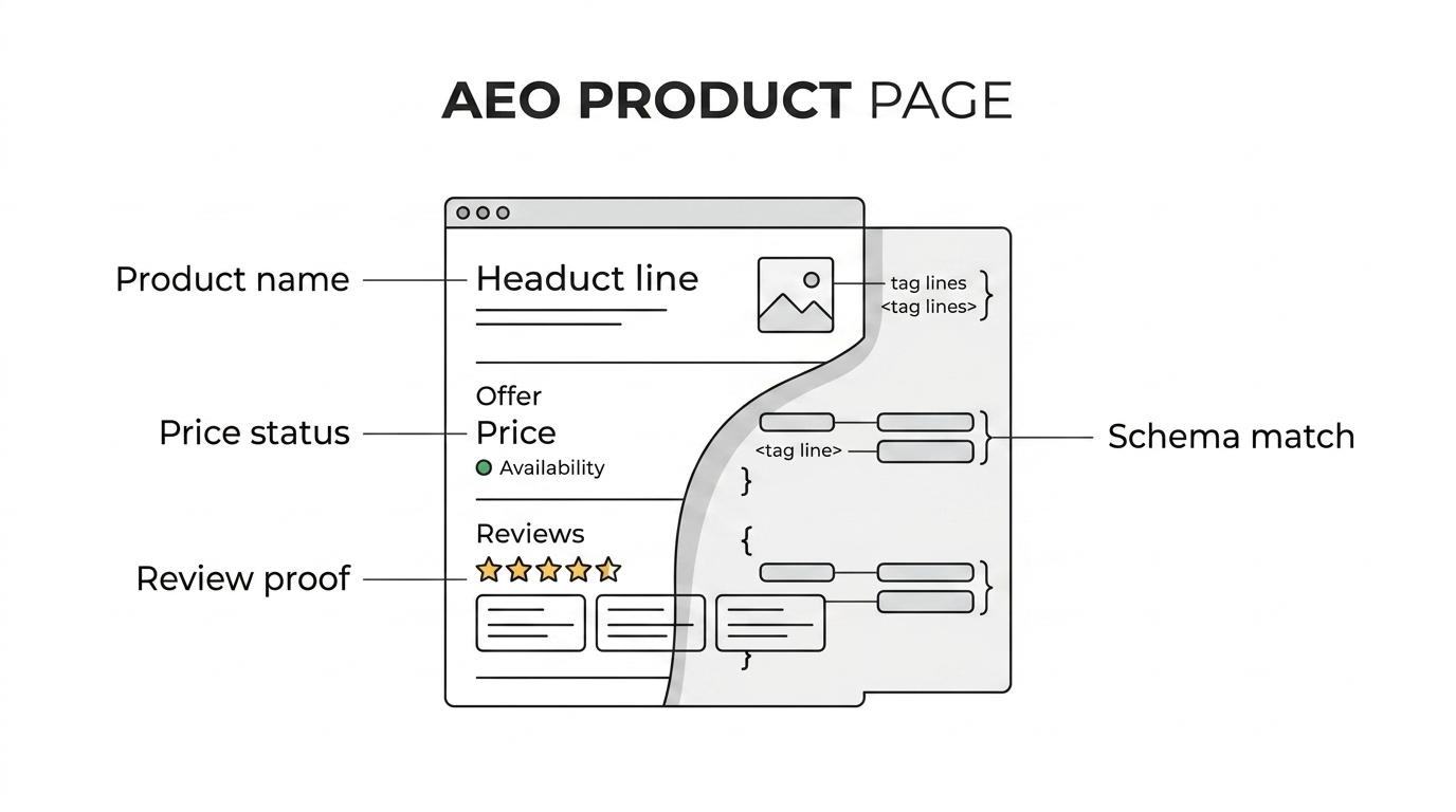 Annotated product page showing product name, pricing, reviews, feature details, and matching schema signals connected to search and AI citation.