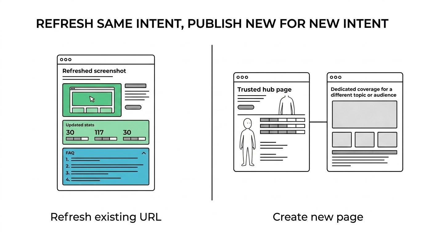 Side-by-side comparison showing when to refresh an existing content page versus create a new page.