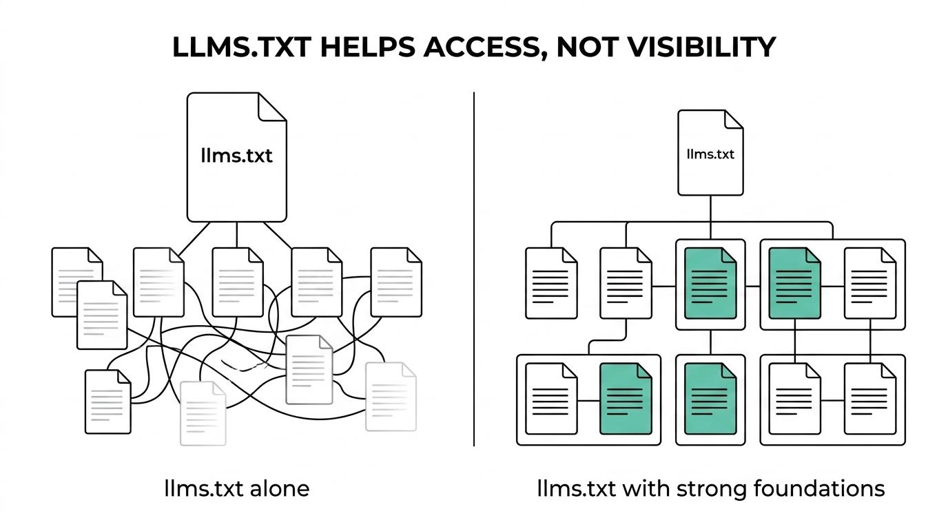 Side-by-side comparison showing llms.txt as a curated reading map versus core SEO foundations that drive AI search visibility.