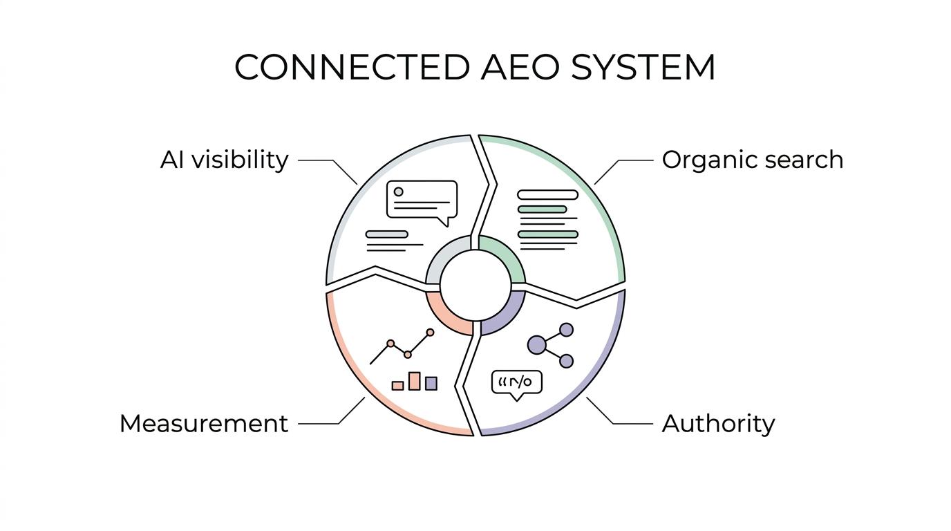 Diagram of an AEO growth system showing content strategy, digital PR, backlinks, technical SEO, and LLM monitoring feeding AI visibility, citations, and pipeline.