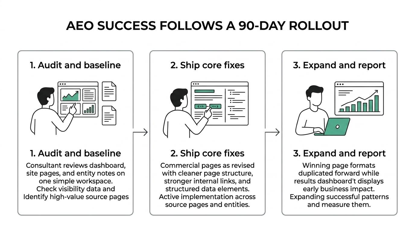 A three-stage 90-day AEO plan showing days 1 to 30 for audit and baseline, days 31 to 60 for implementation, and days 61 to 90 for expansion and reporting.