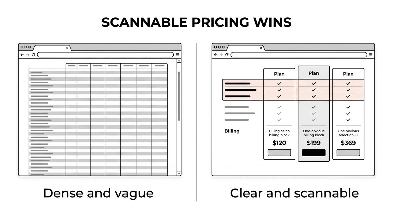 Side-by-side SaaS pricing tables showing a cluttered hard-to-scan matrix versus a simplified clearly labeled plan comparison.