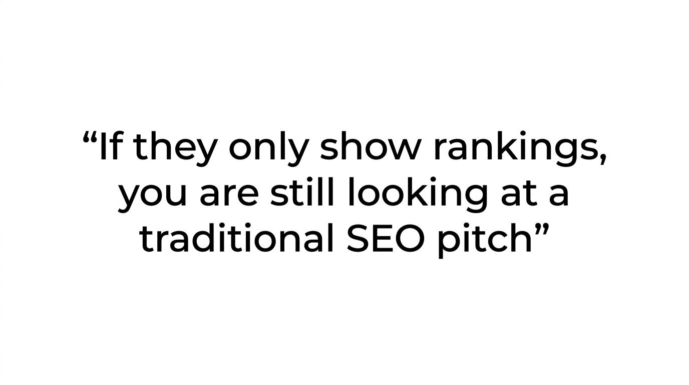 Highlighted quote card stating that rankings alone are still just a traditional SEO pitch.