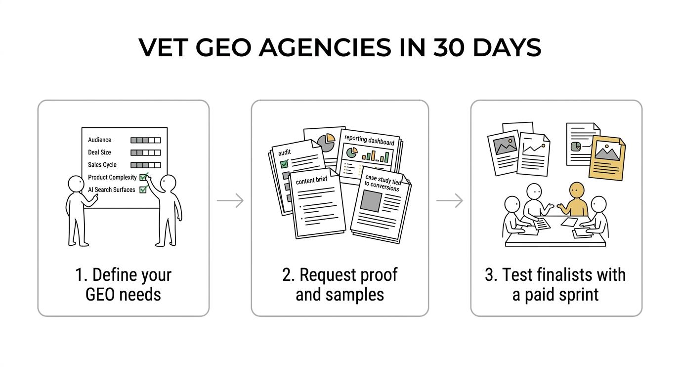 Three-step timeline for choosing a B2B SaaS GEO agency over 30 days: define the job, request evidence, and run a paid diagnostic.