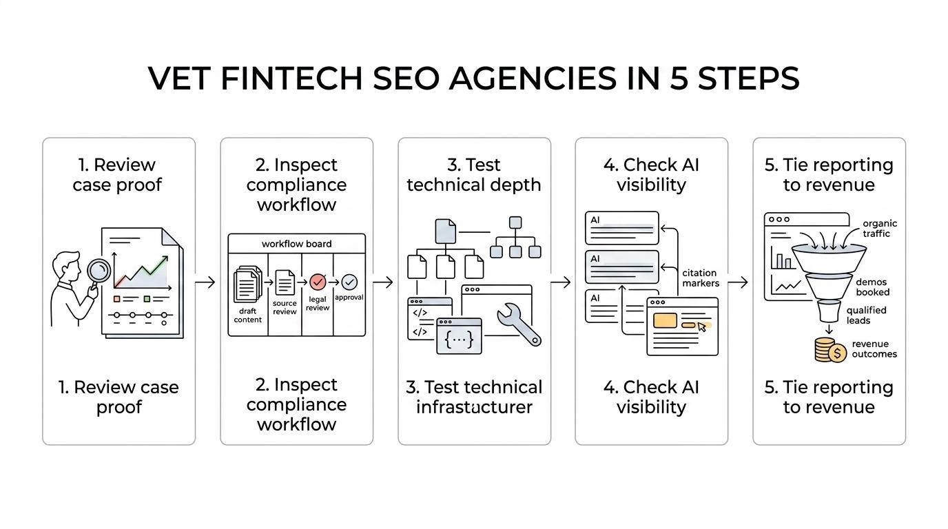 Five-step flow showing how a fintech company vets an SEO agency: case evidence, compliance workflow, technical depth, AI visibility, and revenue reporting.