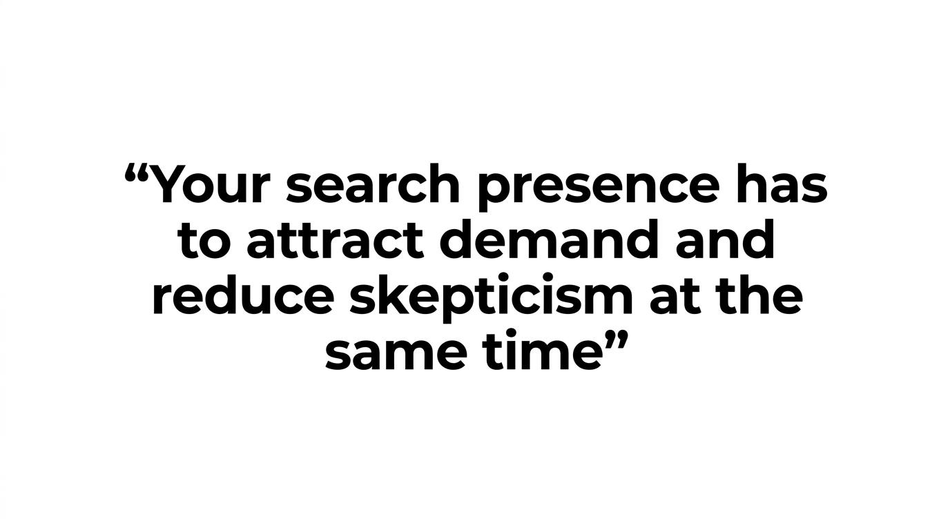 Large pull quote reading, 'Insurtech search is a trust problem as much as a traffic problem.'