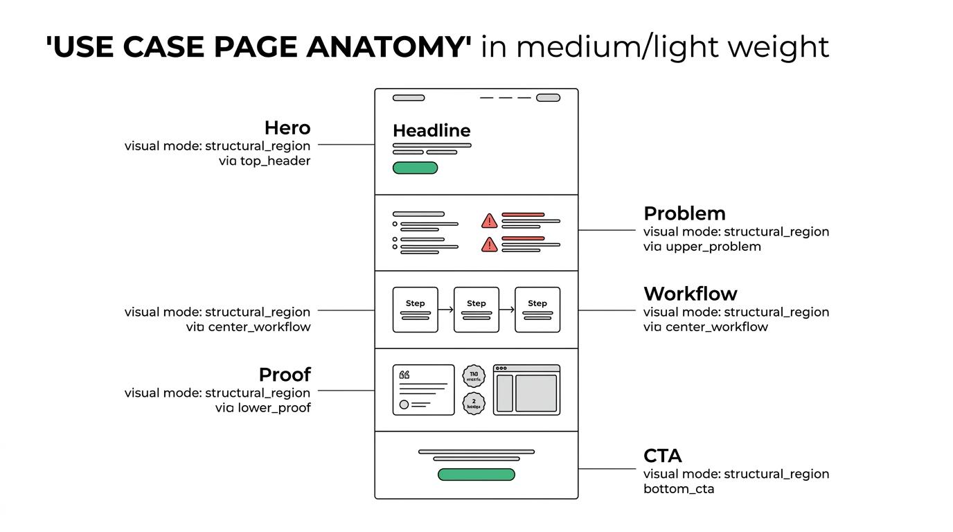Labeled breakdown of a SaaS use case page showing hero, problem framing, workflow, proof, implementation details, FAQ, and CTA sections.
