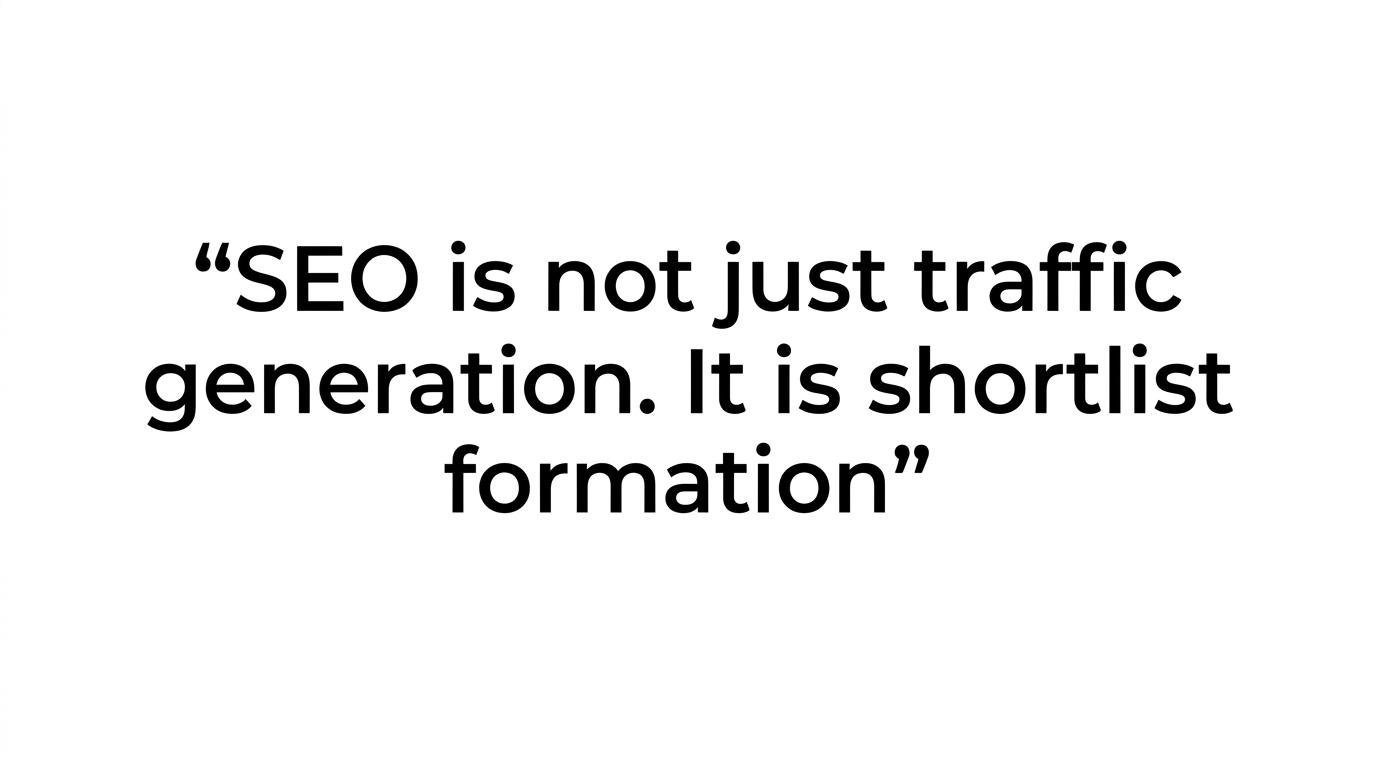 Highlighted quote card with the line: SEO is not just traffic generation. It is shortlist formation.