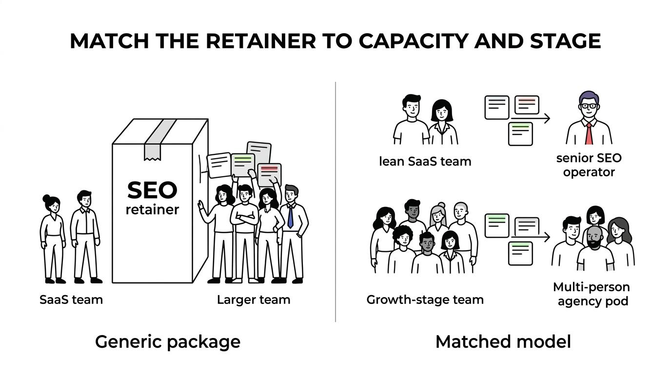 Comparison graphic showing five B2B SaaS SEO retainer models and the situations each one fits best.