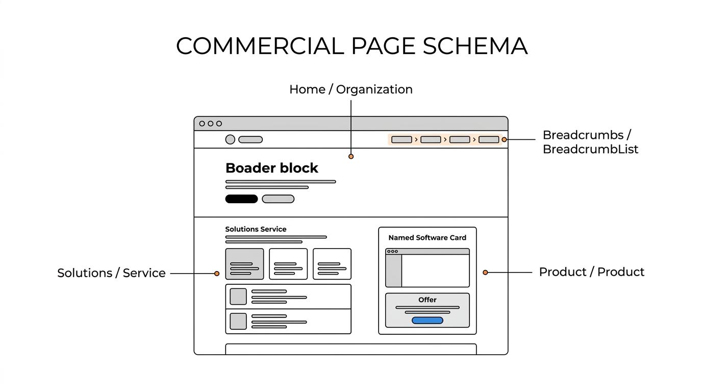 Diagram of a B2B website structure with homepage, solution, product, pricing, comparison, and contact pages labeled with Organization, Service, Product, and BreadcrumbList schema types.